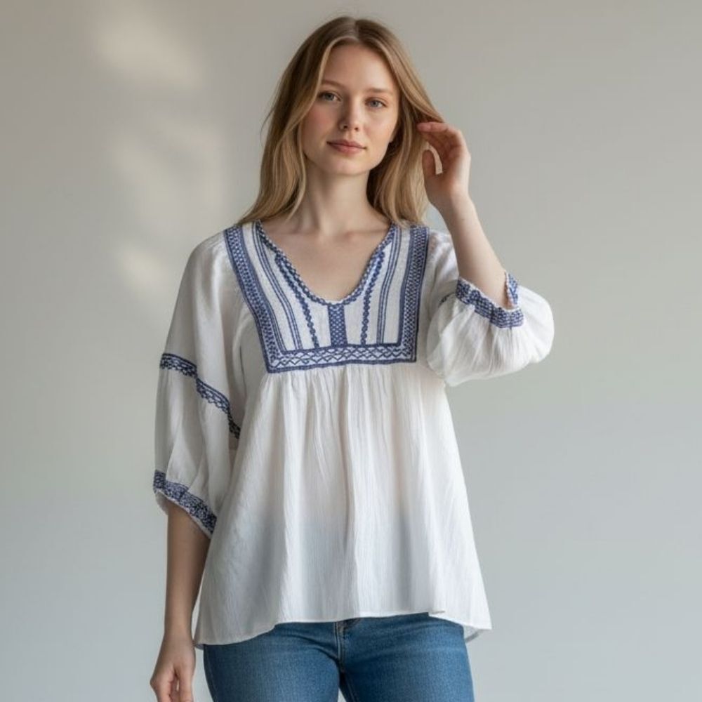 Max Studio White Blouse with Blue Embroidery